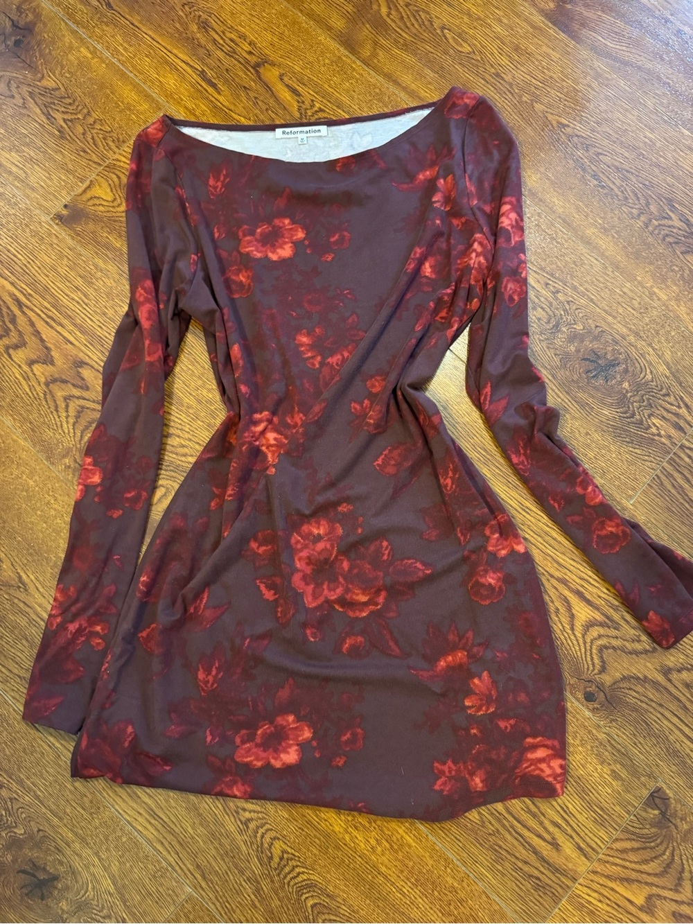 Reformation Maroon Dress with Red Floral Print - Long Sleeve